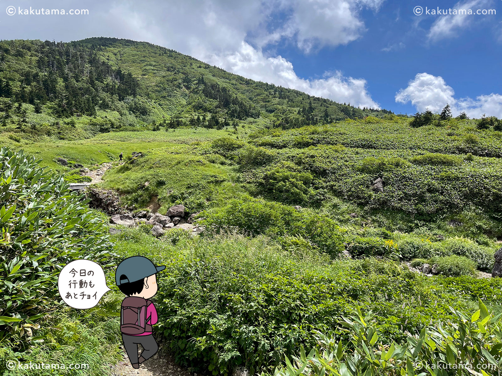 南竜山荘から南竜ヶ馬場野営場の写真と登山者の漫画とイラスト