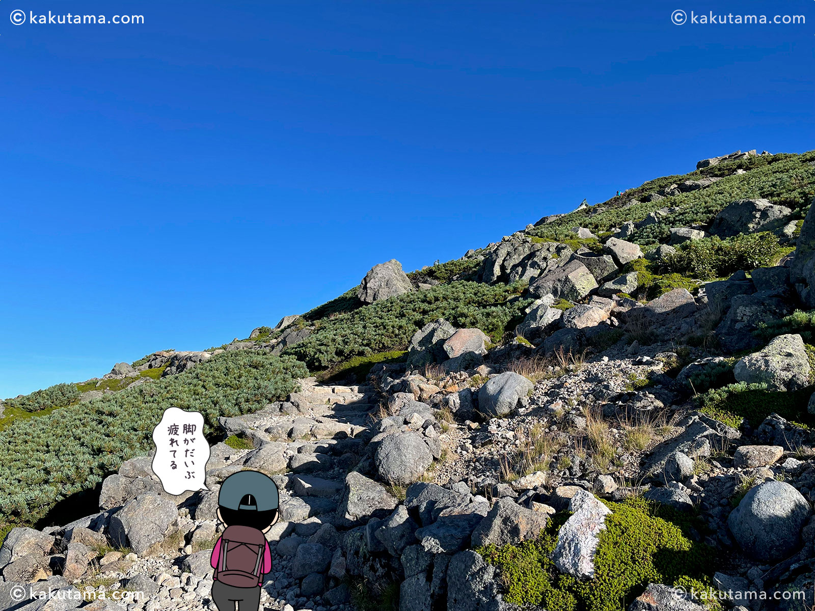 白山・白山室堂から御前峰への登山道の写真と登山者のイラスト