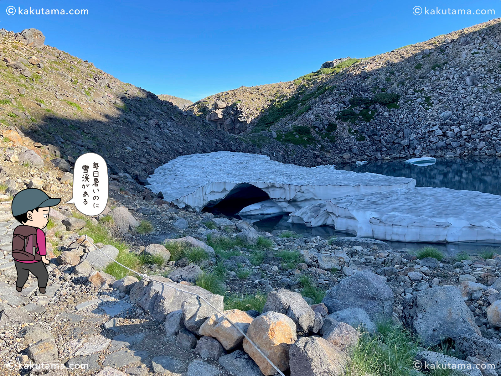 白山・御前峰からお池巡りコースの紺屋ヶ池の写真と登山者のイラスト