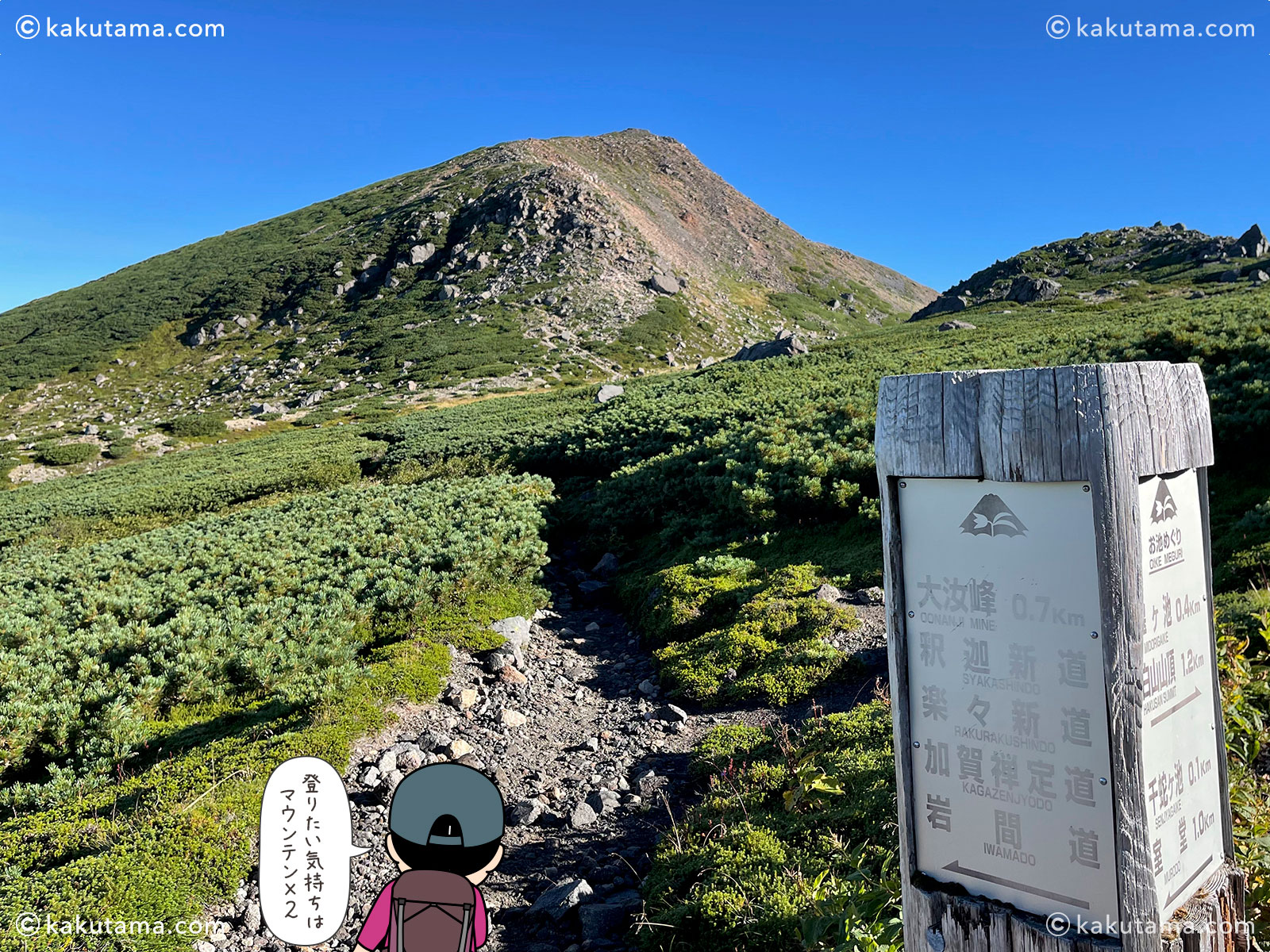 白山・御前峰からお池巡りコースからみた大汝峰の写真と登山者のイラスト