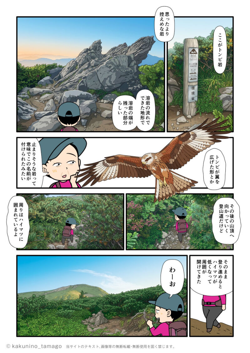石川県・白山のトンビ岩コースを登り、トンビ岩を見る登山者の漫画とイラスト