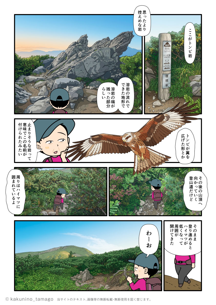 石川県・白山のトンビ岩コースを登り、トンビ岩を見る登山者の漫画とイラスト