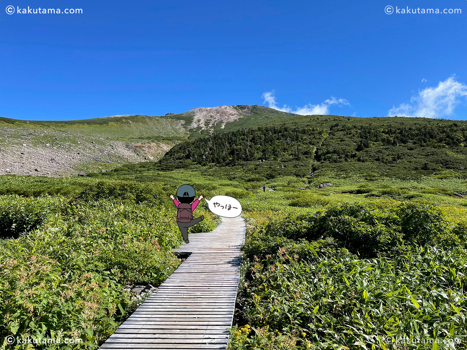 弥陀ヶ原の木道からみた御前峰の写真と登山者のイラスト