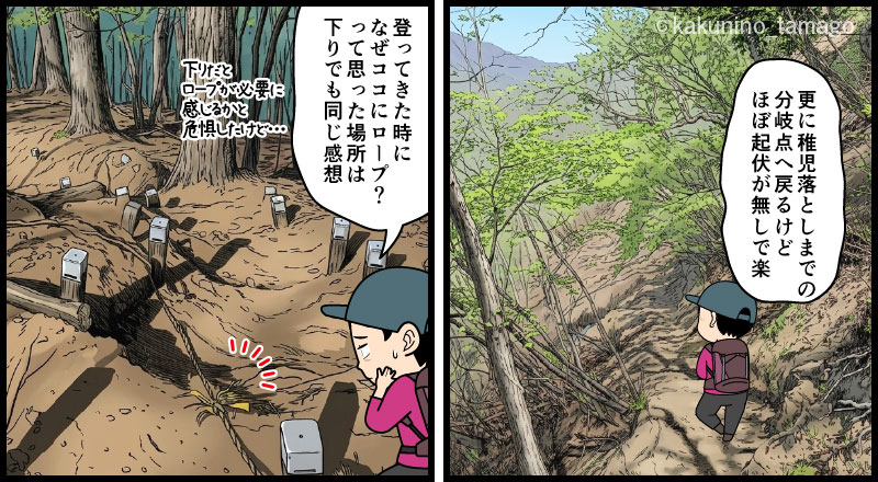 大月市・岩殿山から稚児落とし分岐へ向かって歩く登山者のマンガとイラスト