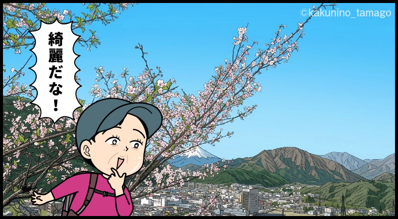 強瀬登山口から丸山公園へ向かって登る登山者が富士山と桜を見て喜ぶマンガとイラスト