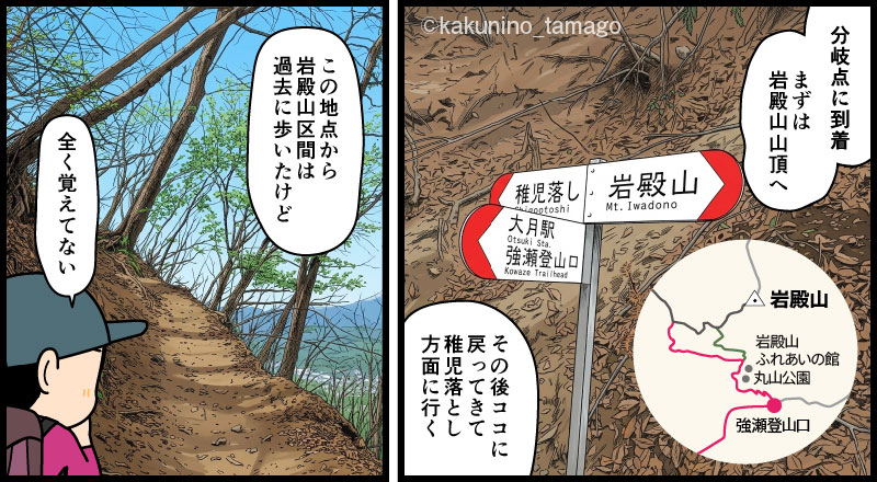 岩殿山・岩殿山と稚児落としの分岐点に着いた登山者のマンガとイラスト