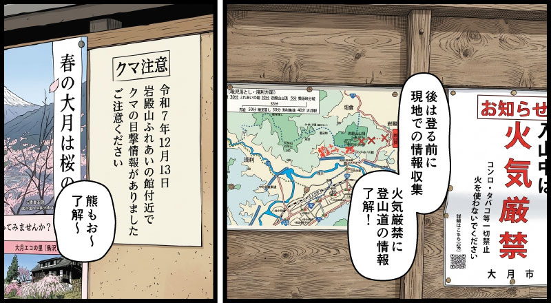 岩殿山登山口でもある丸山公園で現地情報を収集する登山者のマンガとイラスト