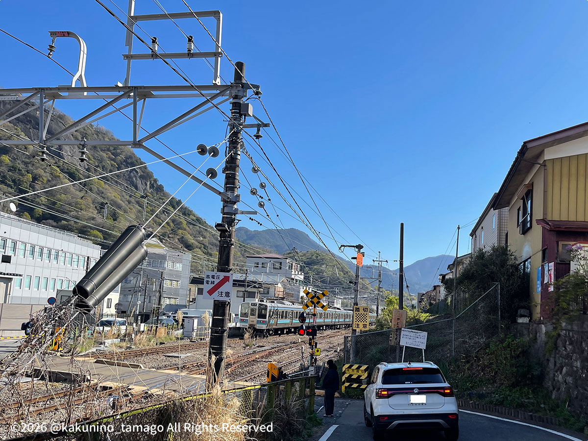 JR大月駅の路線を越えて岩殿山が見える写真