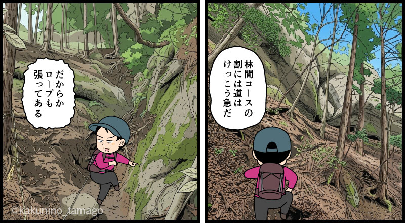 岩殿山・兜岩エリア林間コースを歩く登山者の漫画とイラスト