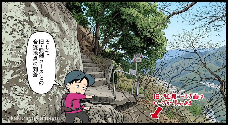 岩殿山・旧強瀬コースとの合流地点に着いた登山者のマンガとイラスト