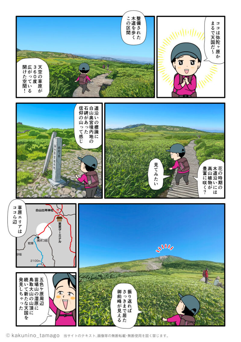 石川県白山の弥陀ヶ原の景色にうっとりする登山者のマンガとイラスト