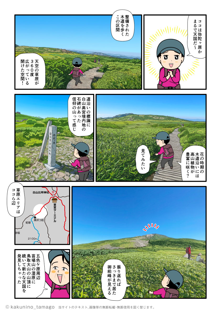 石川県白山の弥陀ヶ原の景色にうっとりする登山者のマンガとイラスト