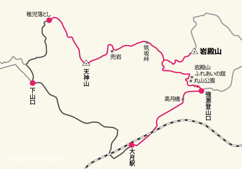 大月駅から岩殿山〜稚児落としの周回ルートのイラストマップ