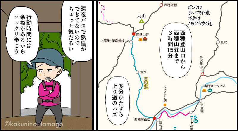 西穂登山口から西穂山荘を目指して歩き出す登山者の漫画とイラスト