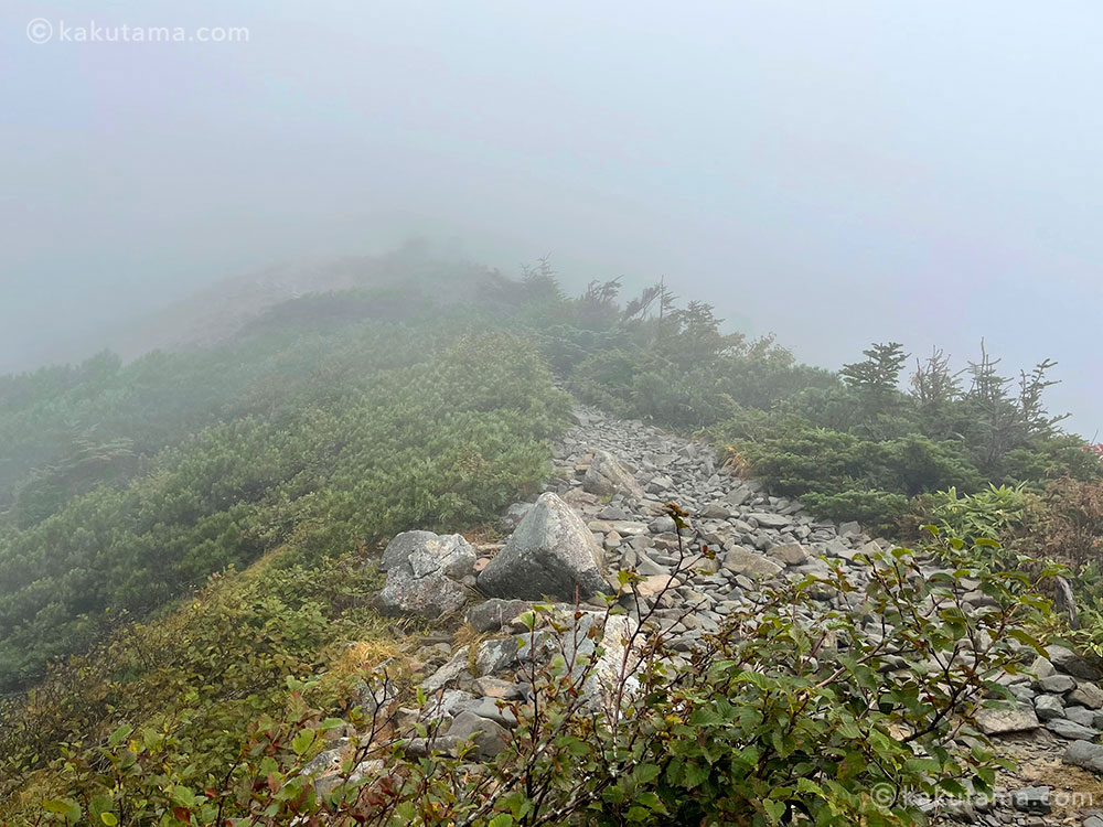 西穂山荘から西穂独標へのガスった登山道の写真