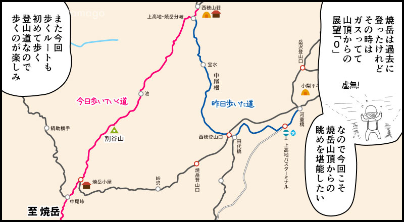 西穂山荘から焼岳までのイラストマップの漫画