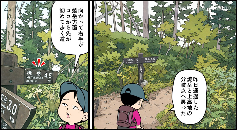 西穂山荘から焼岳分岐点まで戻る登山者の漫画とイラスト