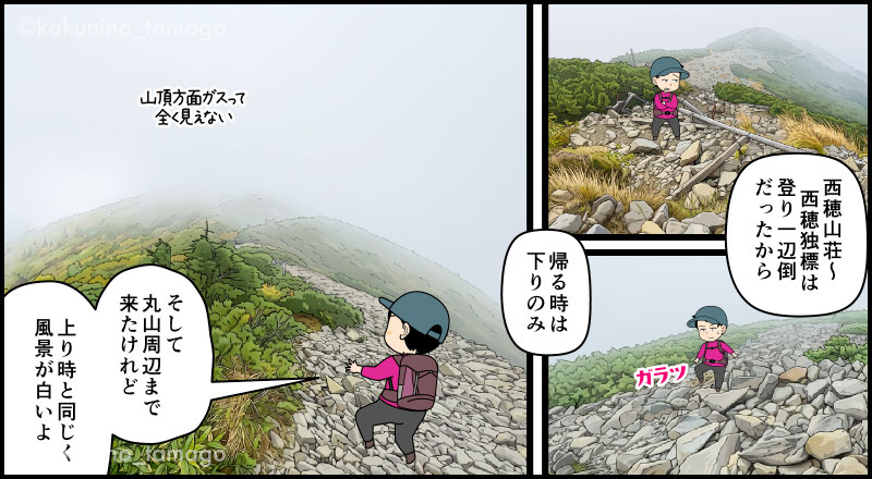 西穂独標から西穂山荘への登山道は岩場でドキドキする登山者の漫画とイラスト