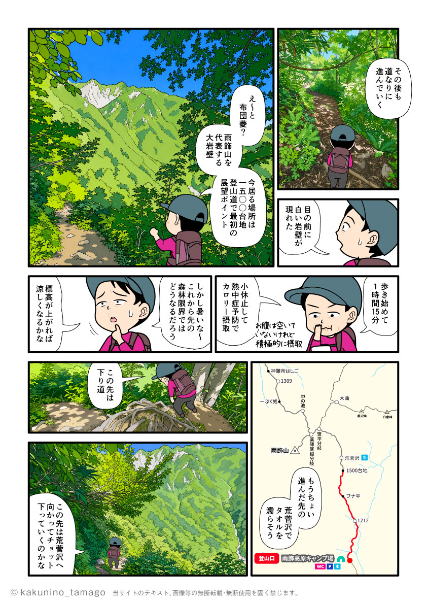 雨飾高原キャンプ場から雨飾山山頂を目指して登山を開始し布団菱を見て、ココが1500台地と知る登山者の漫画とイラスト