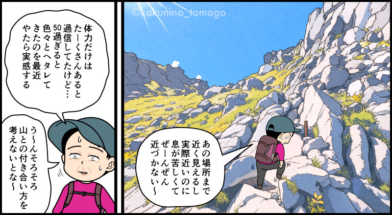 北アルプス、焼岳小屋から焼岳山頂を目指して上る登山者のマンガとイラスト