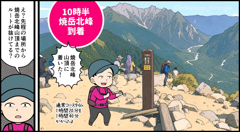 北アルプス、焼岳小屋から焼岳山頂を目指して上り焼岳北峰に到着した登山者のマンガとイラスト