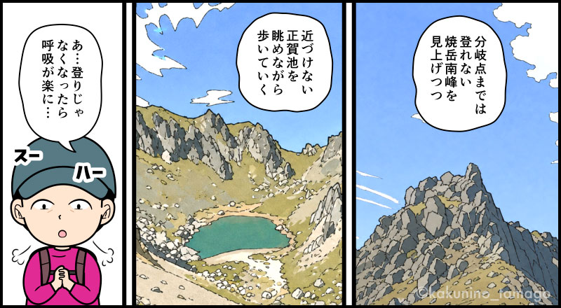 北アルプス、焼岳北峰から中の湯ルートを目指して歩き出す登山者ののイラストとマンガ