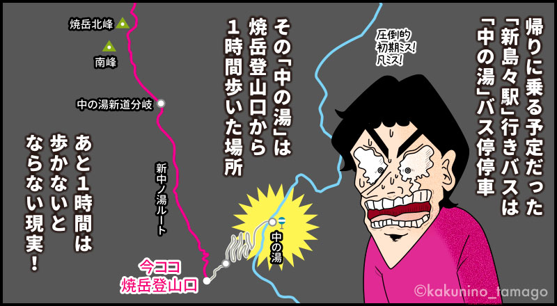焼岳登山口から中の湯のバス停に向かう登山者のマンガとイラスト