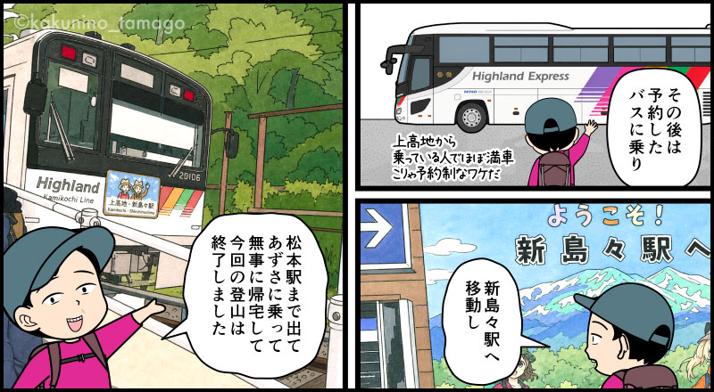 焼岳登山口から中の湯のバス停に到着した登山者のマンガとイラスト