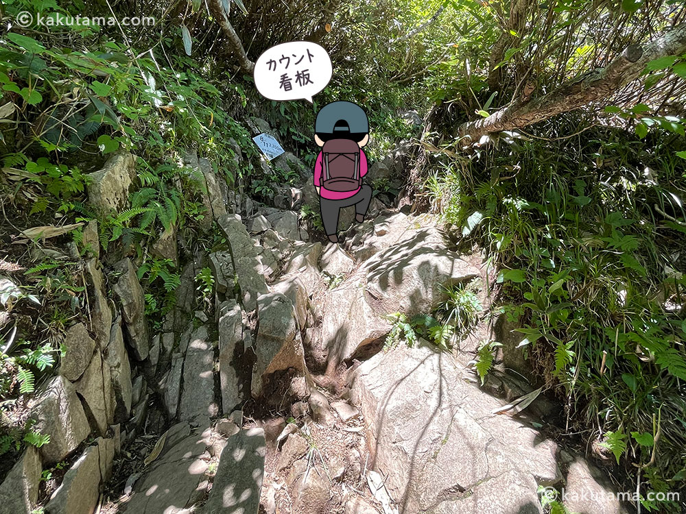 雨飾高原キャンプ場から雨飾山への登山道「8/11」の看板の写真と登山者のイラスト