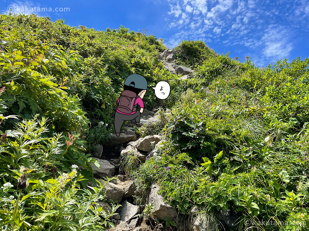 雨飾山山頂直下の岩場の写真と登山者のイラスト