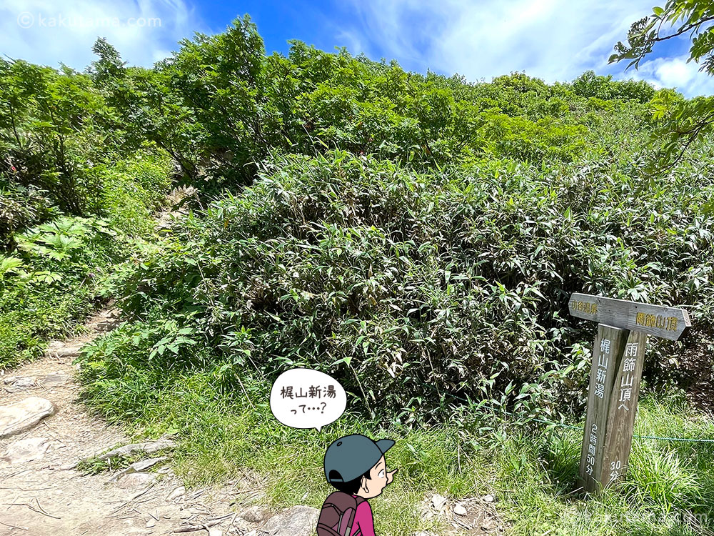 雨飾山、薬師尾根分岐についた写真と登山者のイラスト