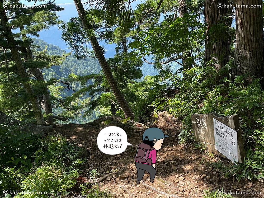 薬師尾根分岐から雨飾山荘への登山道の一ぷく処の写真と登山者のイラスト