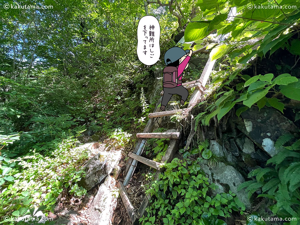 雨飾山から薬師尾根を歩いて、雨飾山荘へ下山する登山道にある神難所はしごの写真と登山者のイラスト