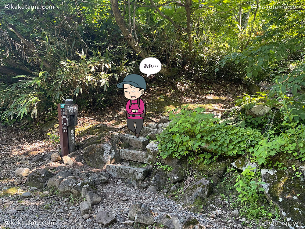 雨飾山から薬師尾根を歩いて、雨飾山荘へ下山する登山口の写真と登山者のイラスト