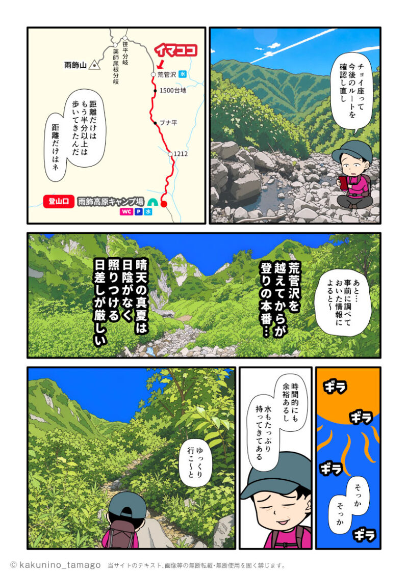荒菅沢で現在地を確認し、これから歩くルートを確認する登山者のマンガとイラスト