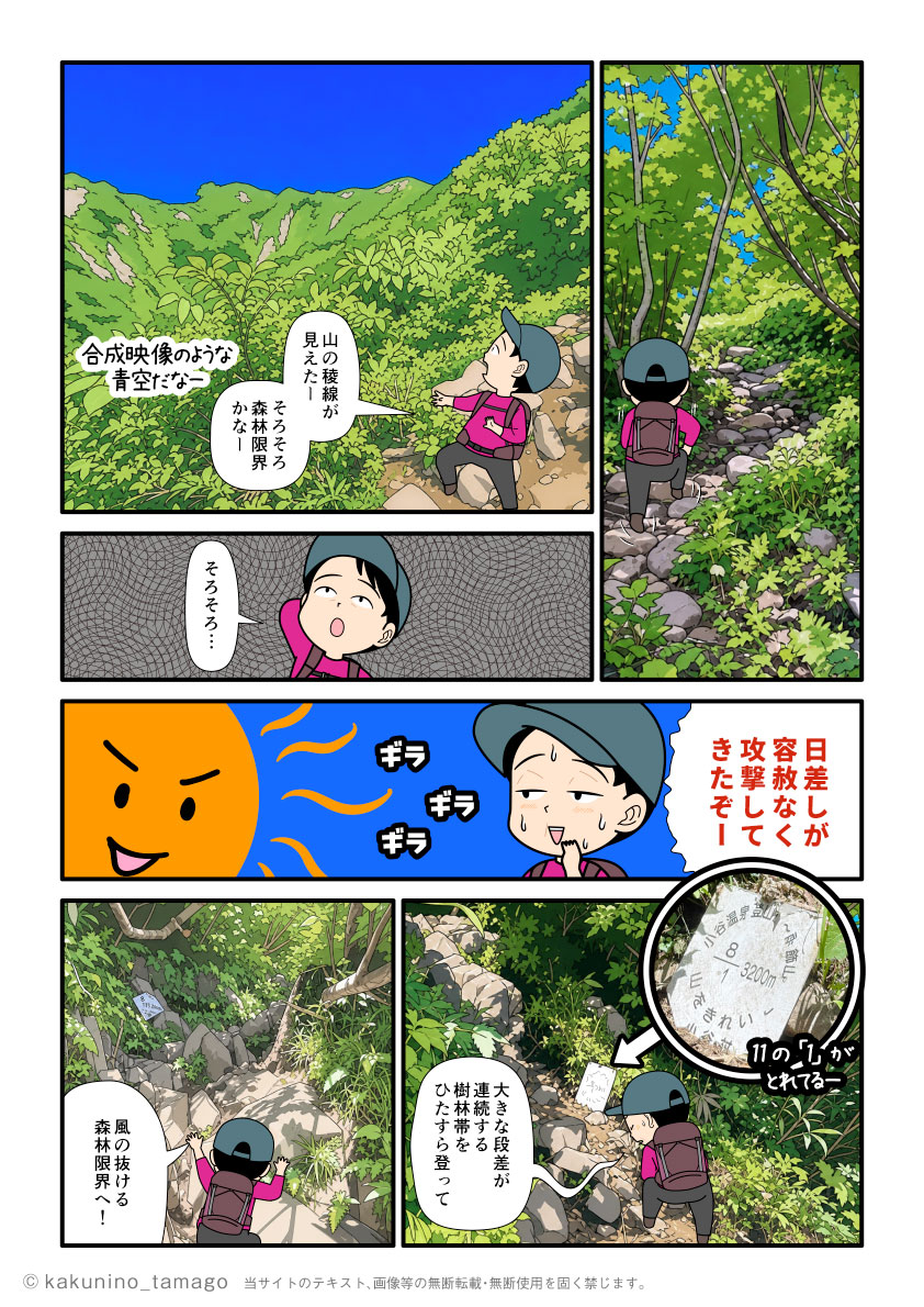 雨飾高原キャンプ場から雨飾山山頂お目指して歩くが、夏の太陽がギラギラしていて登るのがシンドい登山者のマンガとイラスト