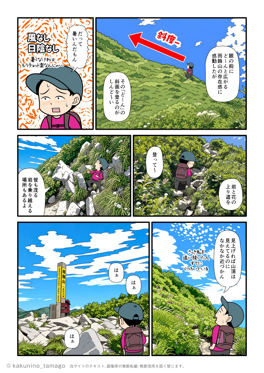 雨飾高原キャンプ場から雨飾山へ向かって登って雨飾山山頂に到着した登山者の漫画とイラスト