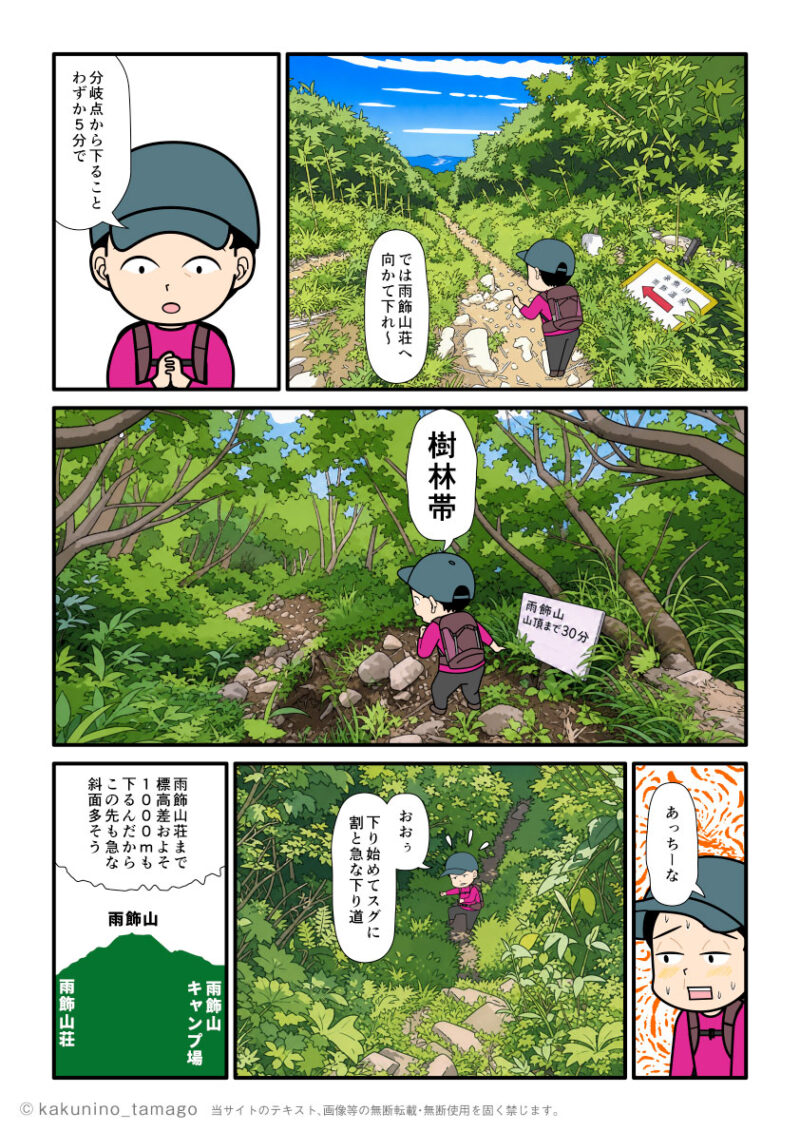 雨飾山から下山するために、薬師尾根分岐から雨飾山荘方面へ向かう登山者のマンガとイラスト