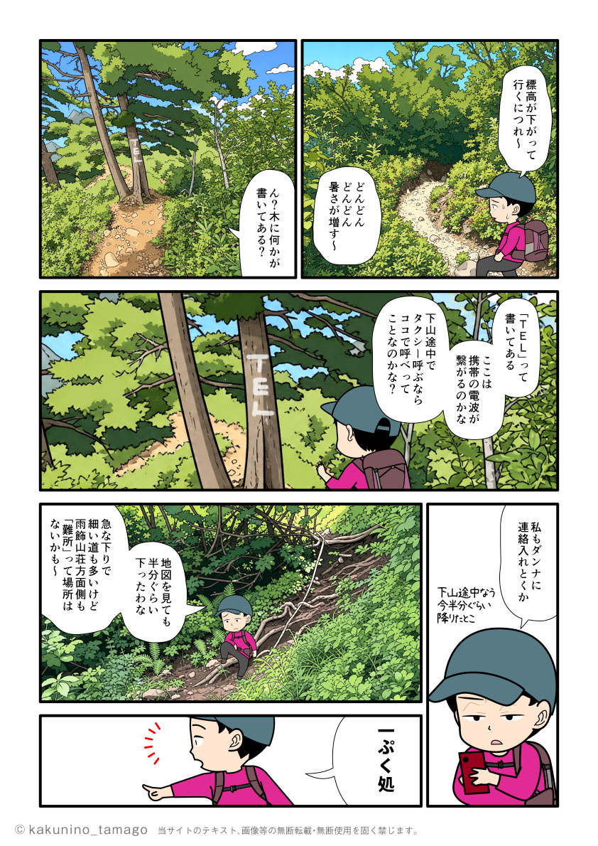 雨飾山から下山するために、薬師尾根分岐から雨飾山荘方面へ向かう途中で「TEL」マークの付いた木を見た登山者のマンガとイラスト
