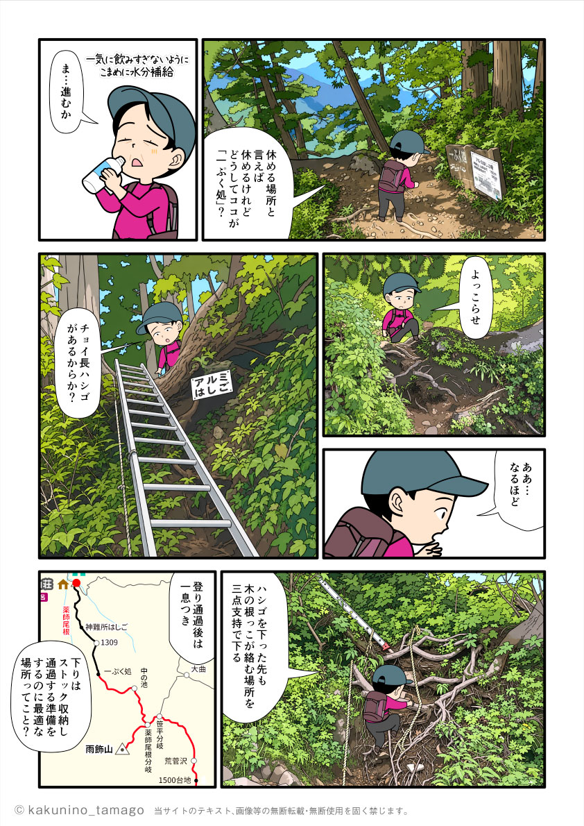 雨飾山から下山するために、薬師尾根分岐から雨飾山荘方面へ向かう途中で一ぷく処を通過し、アルミハシゴを下る登山者のマンガとイラスト