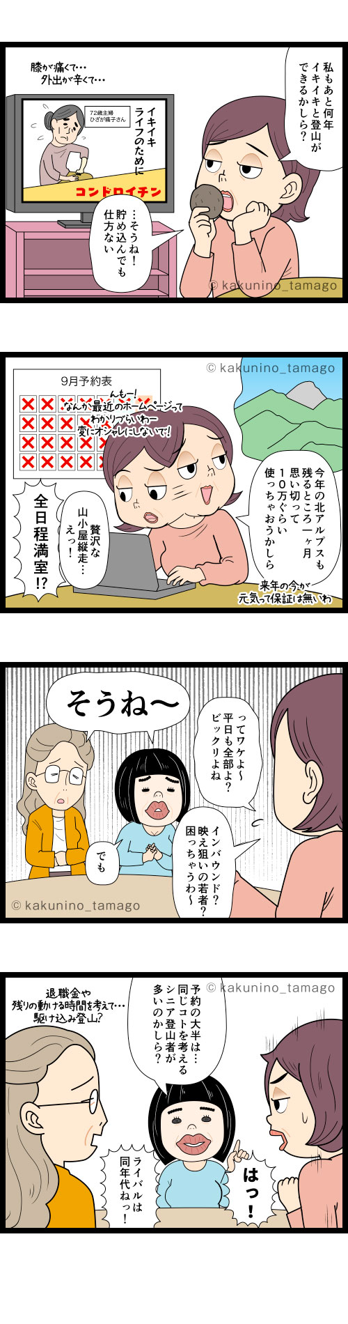 シニア世代は動けうちに動くと決めて贅沢登山をしてもいいんじゃないかと思う中高年登山者の4コマ漫画