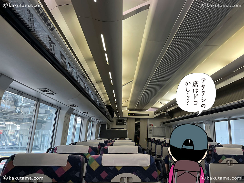 新宿駅のあずさの座席写真と登山者のイラスト