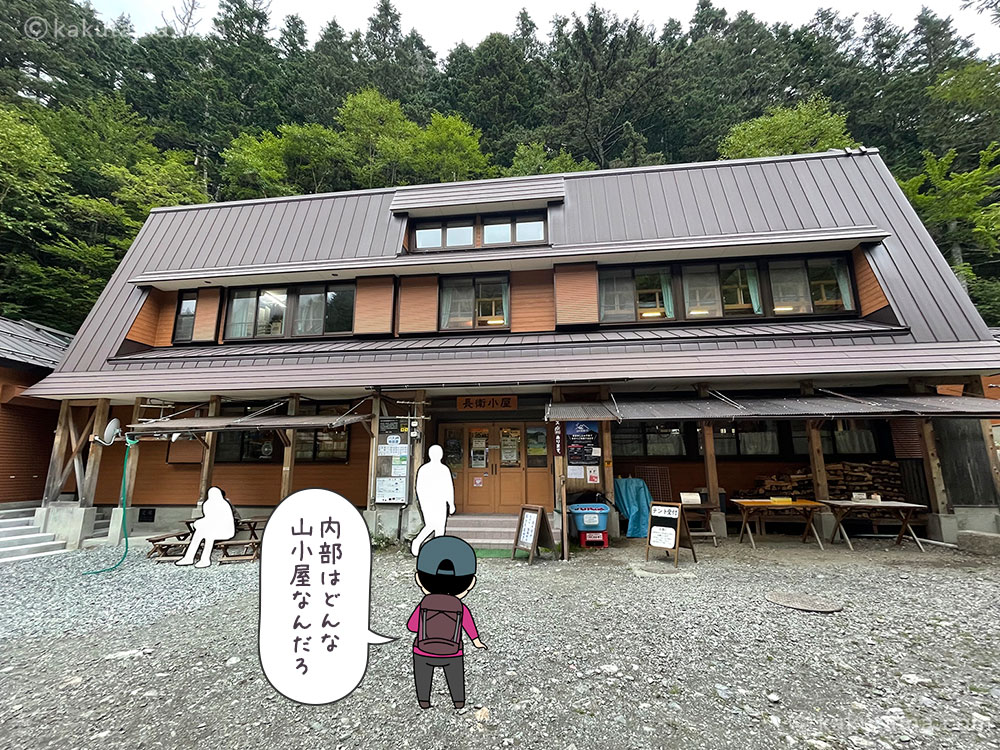 南アルプス、長衛小屋の写真と登山者のイラスト