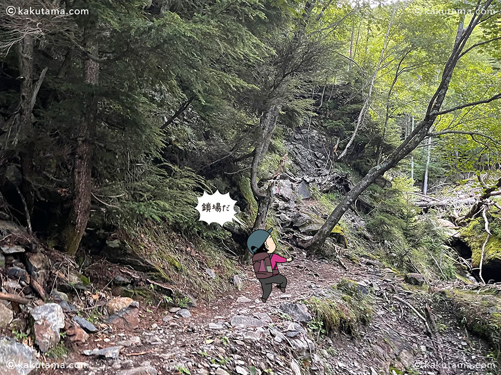 長衛小屋前の甲斐駒ヶ岳への登山道にあった鎖場の写真と登山者のイラスト