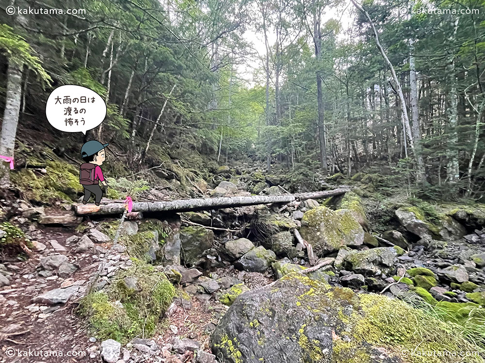 長衛小屋前の甲斐駒ヶ岳への登山道にあった橋の写真と登山者のイラスト