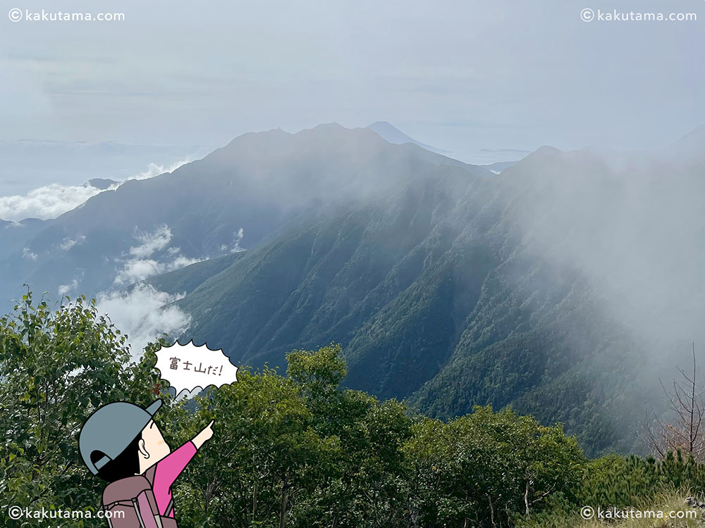 駒津峰から見た富士山のシルエットの写真と登山者のイラスト