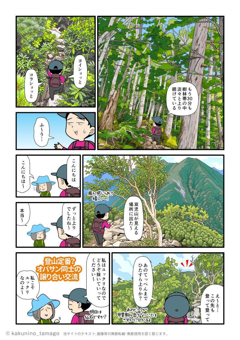 仙水峠から登って甲斐駒ヶ岳を目指す登山者の漫画とイラスト