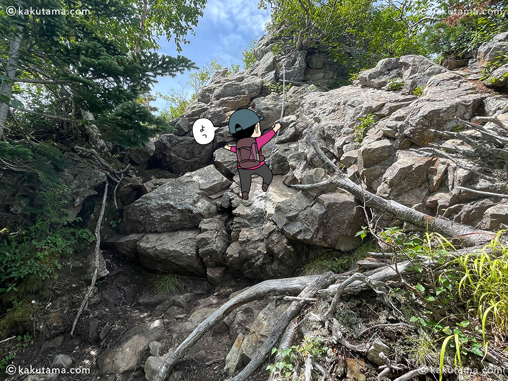 甲斐駒ヶ岳から駒津峰への登山道にあある鎖場の写真と登山者のイラスト