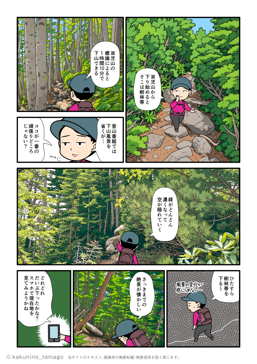 双児山から北沢峠へ向かって樹林帯を下る登山者の漫画とイラスト