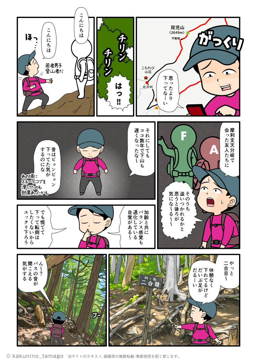 双児山から北沢峠へ向かって樹林帯を下る登山者の漫画とイラスト